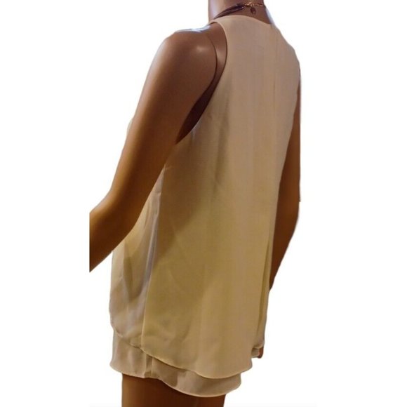 SAINT TROPEZ WEST-SMALL- Layered Chiffon Split Back Women's Sleeveless Beige Top - Picture 6 of 13